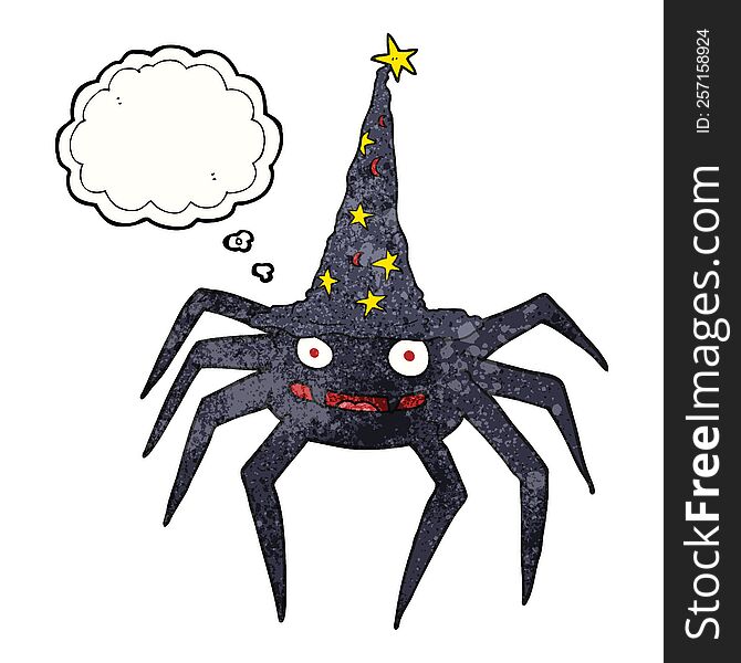 freehand drawn thought bubble textured cartoon halloween spider in witch hat