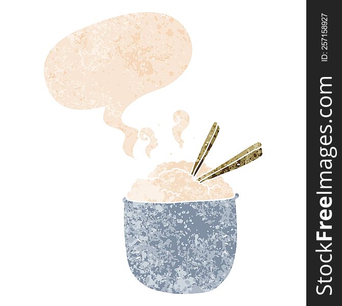 Cartoon Bowl Of Rice And Speech Bubble In Retro Textured Style
