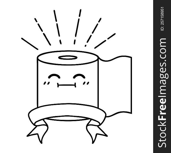 banner with black line work tattoo style toilet paper character