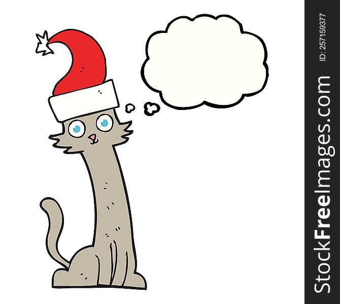 freehand drawn thought bubble cartoon cat in christmas hat