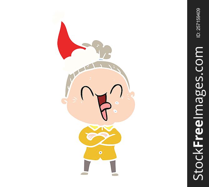 Flat Color Illustration Of A Happy Old Woman Wearing Santa Hat