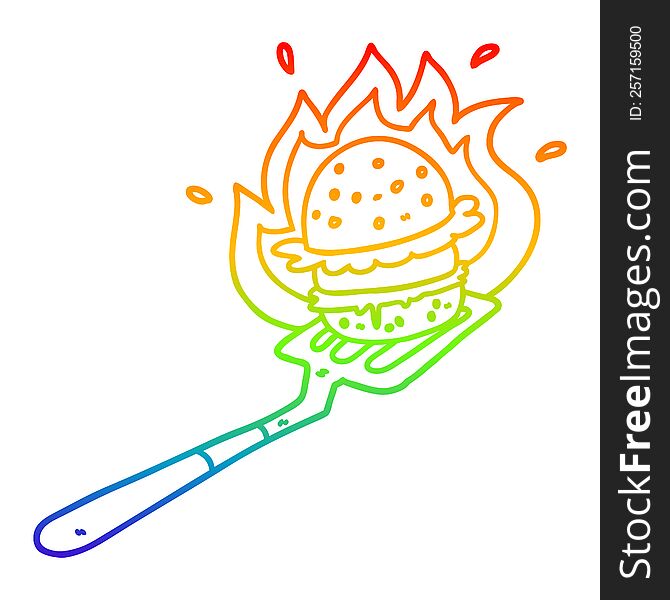 rainbow gradient line drawing of a cartoon flaming burger on spatula