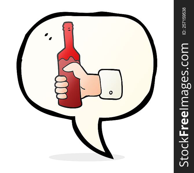 freehand drawn speech bubble cartoon hand holding bottle of wine