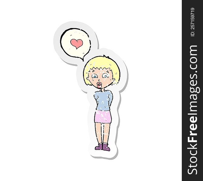 Retro Distressed Sticker Of A Cartoon Woman In Love