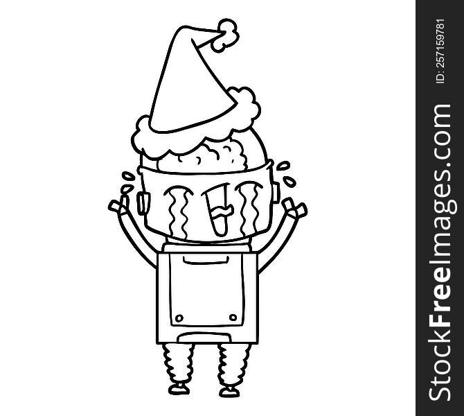 Line Drawing Of A Crying Robot Wearing Santa Hat