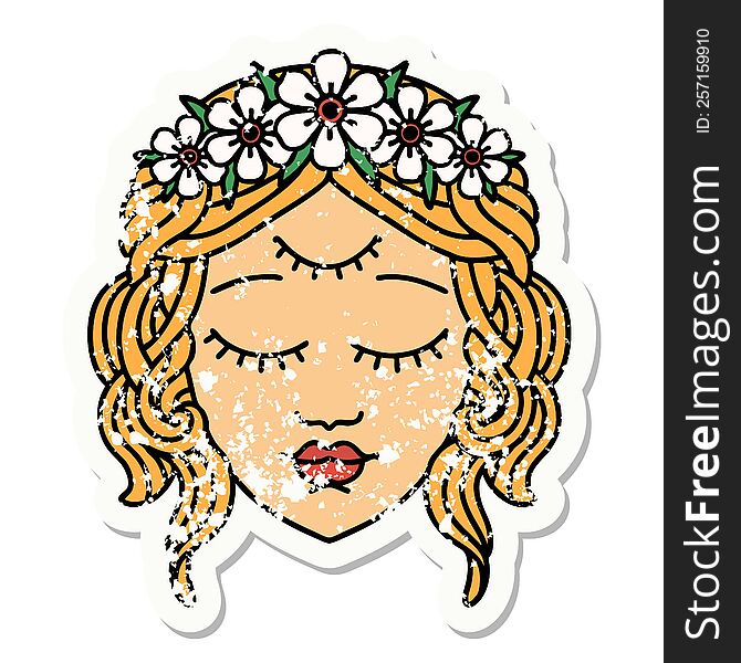 distressed sticker tattoo in traditional style of female face with third eye. distressed sticker tattoo in traditional style of female face with third eye