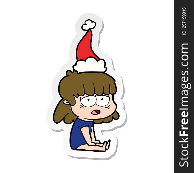 hand drawn sticker cartoon of a tired woman wearing santa hat