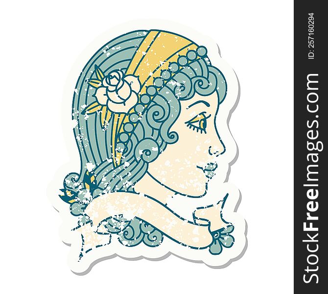 grunge sticker with banner of a gypsy head