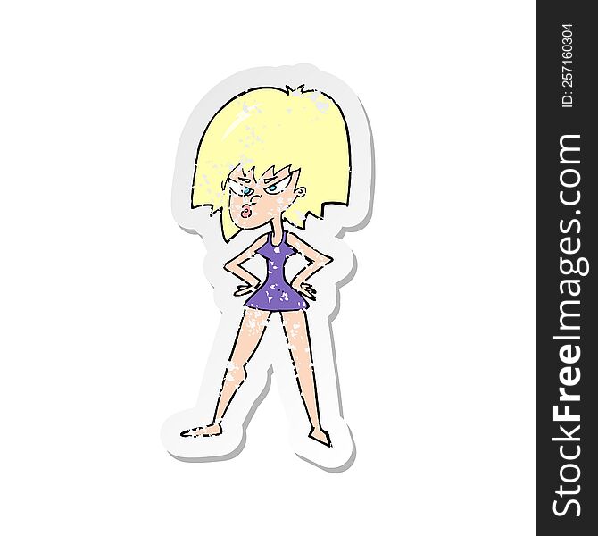 Retro Distressed Sticker Of A Cartoon Angry Woman In Dress