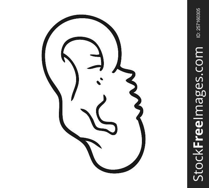 freehand drawn black and white cartoon human ear