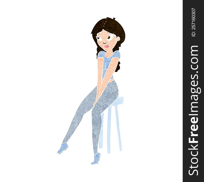 Cartoon Pretty Girl On Stool