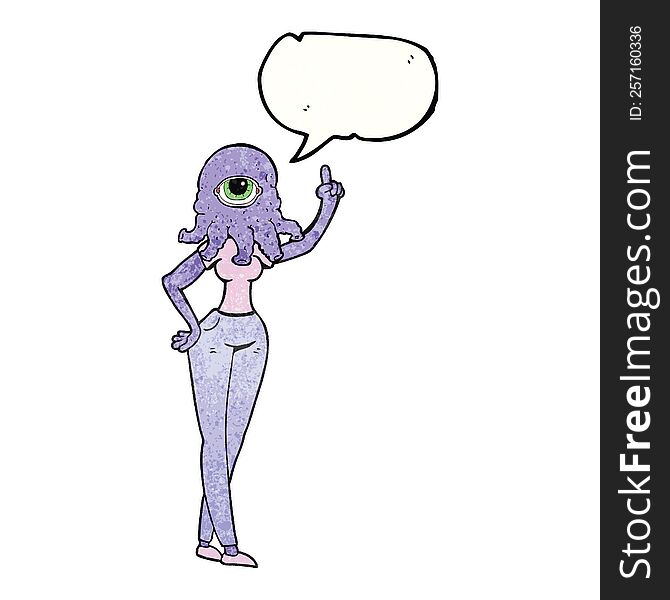 freehand speech bubble textured cartoon female alien with raised hand