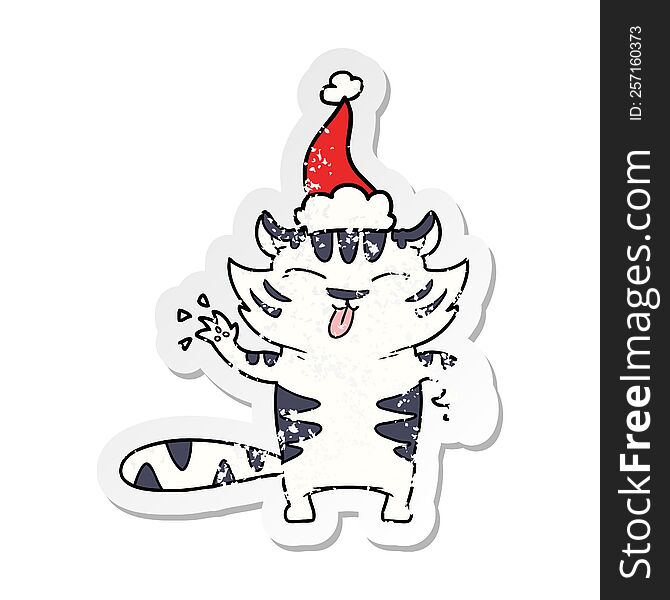 Distressed Sticker Cartoon Of A White Tiger Wearing Santa Hat