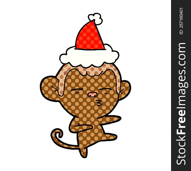 hand drawn comic book style illustration of a suspicious monkey wearing santa hat