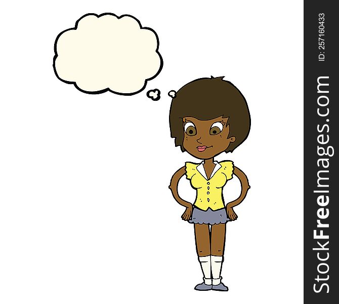 Cartoon Pretty Woman With Hands On Hips With Thought Bubble