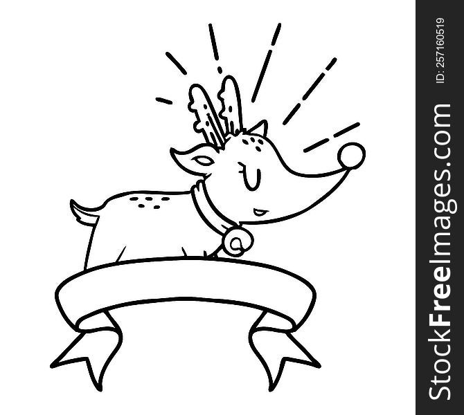 Banner With Black Line Work Tattoo Style Christmas Reindeer