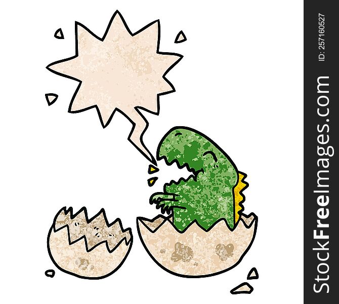 cartoon dinosaur hatching from egg with speech bubble in retro texture style