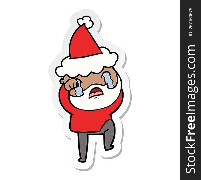 hand drawn sticker cartoon of a bearded man crying and stamping foot wearing santa hat