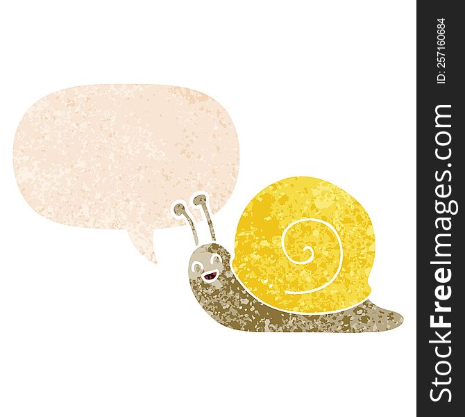 cartoon snail with speech bubble in grunge distressed retro textured style. cartoon snail with speech bubble in grunge distressed retro textured style