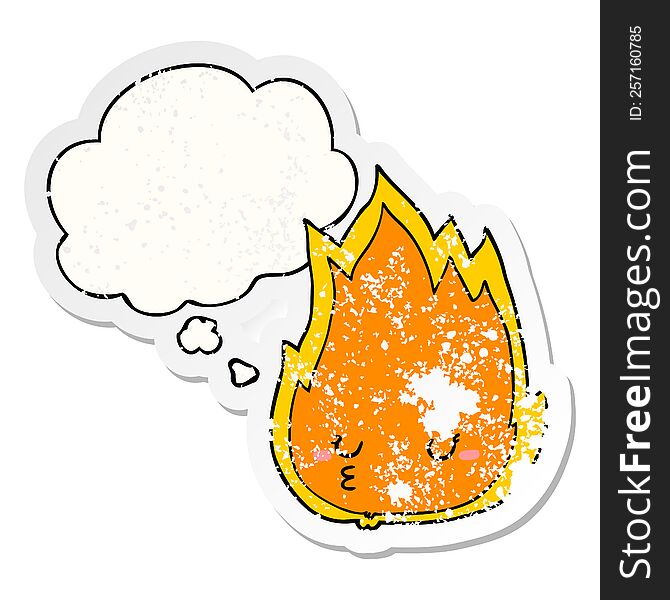 Cute Cartoon Fire And Thought Bubble As A Distressed Worn Sticker