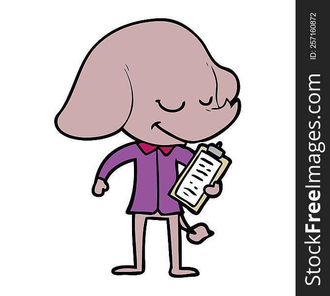 cartoon smiling elephant with clipboard. cartoon smiling elephant with clipboard