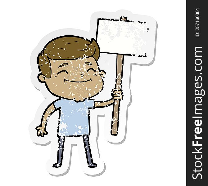 Distressed Sticker Of A Happy Cartoon Man With Placard