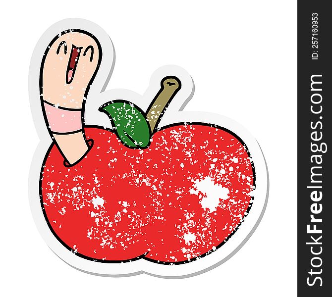 Distressed Sticker Of A Cartoon Worm In Apple