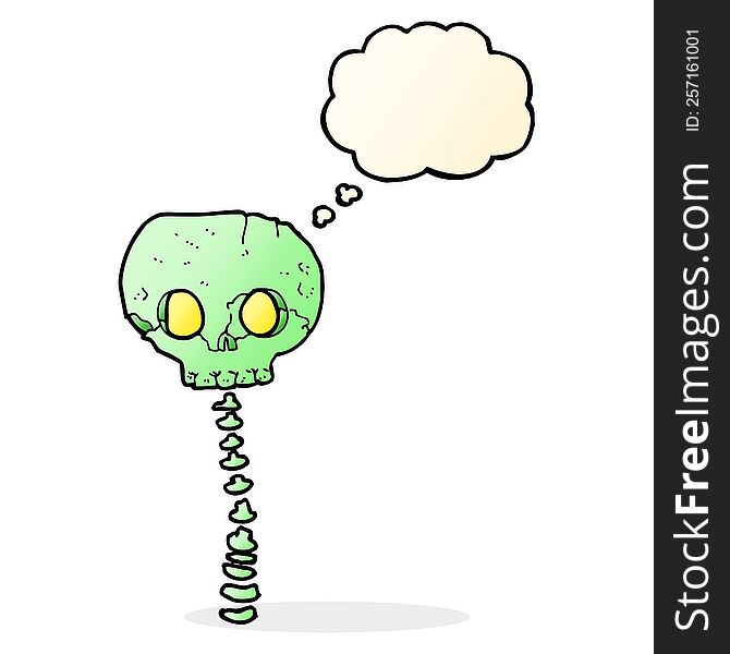 cartoon spooky skull and spine with thought bubble