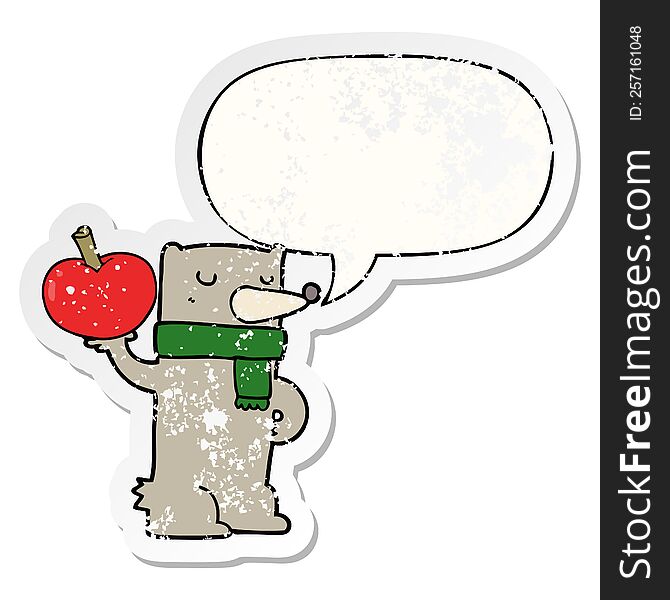 cartoon bear with apple with speech bubble distressed distressed old sticker. cartoon bear with apple with speech bubble distressed distressed old sticker