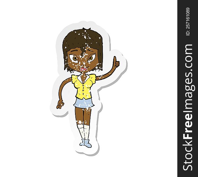 retro distressed sticker of a cartoon woman making point