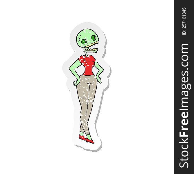 Retro Distressed Sticker Of A Cartoon Zombie Woman