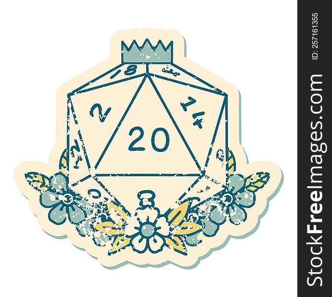 iconic distressed sticker tattoo style image of a d20. iconic distressed sticker tattoo style image of a d20