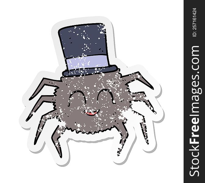 retro distressed sticker of a cartoon spider wearing top hat