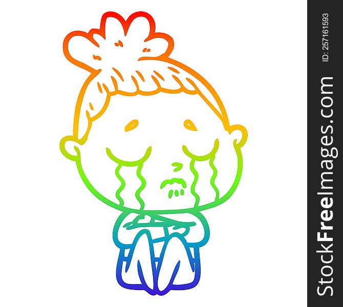 rainbow gradient line drawing of a cartoon crying woman hugged up