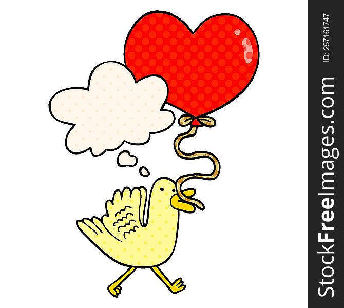 cartoon bird with heart balloon with thought bubble in comic book style