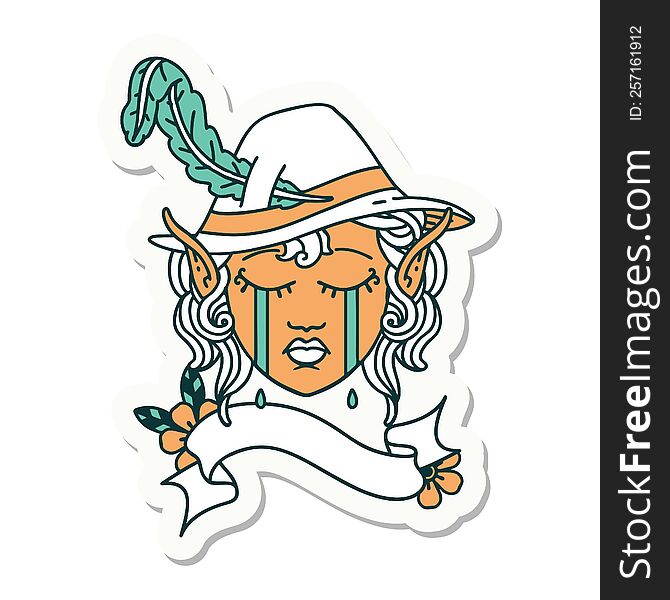 sticker of a crying elven bard character. sticker of a crying elven bard character