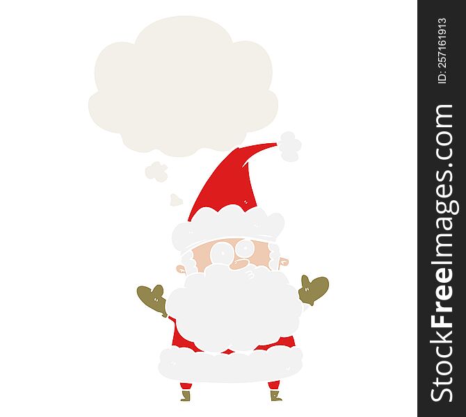 cartoon confused santa claus with thought bubble in retro style