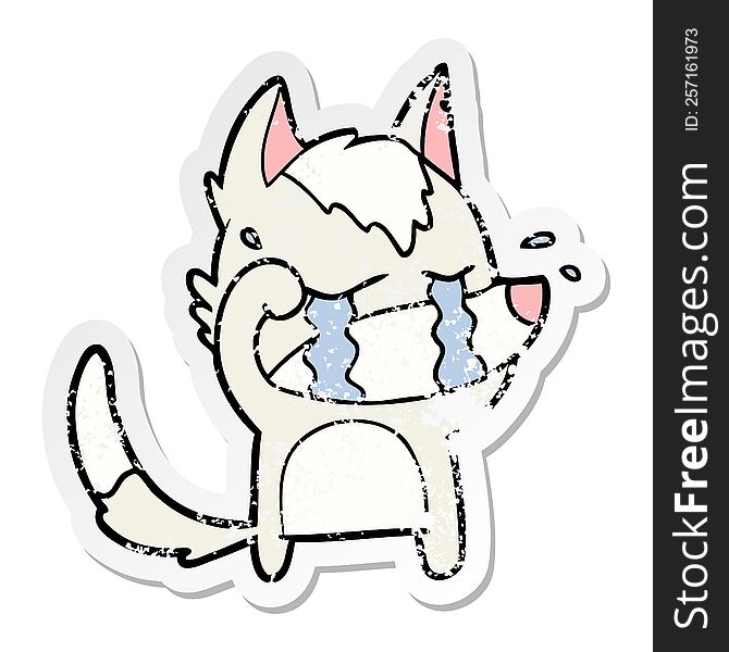 distressed sticker of a cartoon crying wolf rubbing eyes