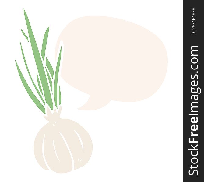 cartoon garlic bulb with speech bubble in retro style