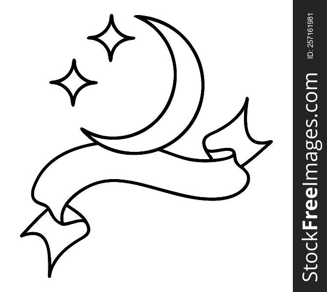 traditional black linework tattoo with banner of a moon and stars