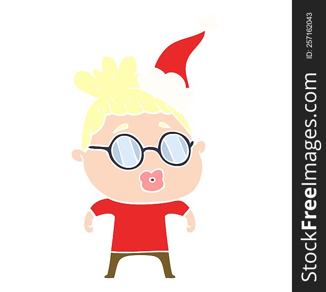 hand drawn flat color illustration of a woman wearing spectacles wearing santa hat