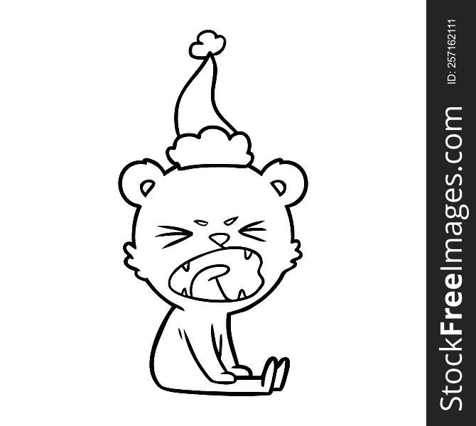 Angry Line Drawing Of A Bear Wearing Santa Hat