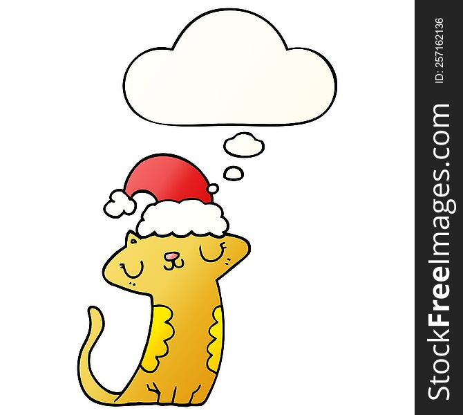 Cute Cartoon Cat Wearing Christmas Hat And Thought Bubble In Smooth Gradient Style