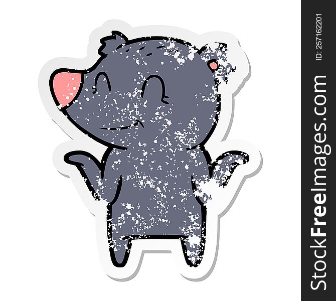 Distressed Sticker Of A Smiling Bear Shrugging Shoulders