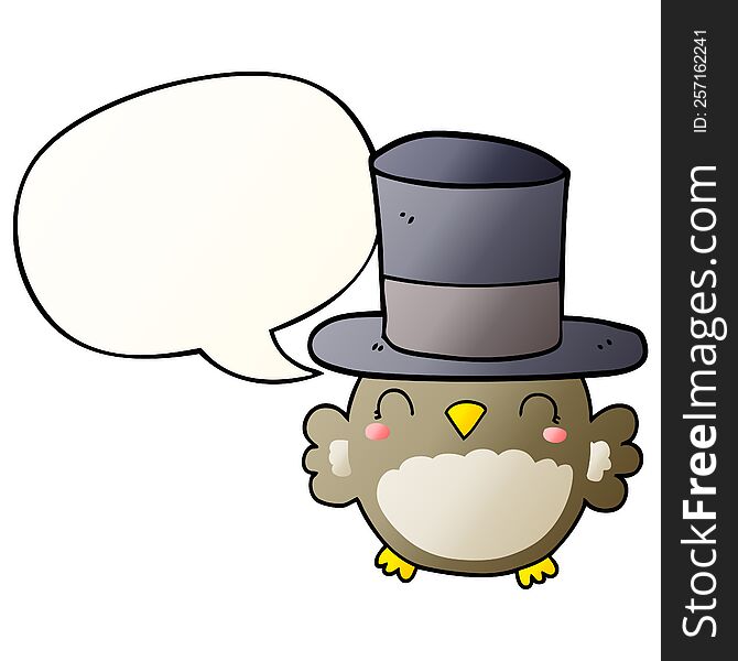 cartoon owl wearing top hat and speech bubble in smooth gradient style