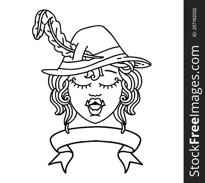 Black and White Tattoo linework Style singing half orc bard character with banner. Black and White Tattoo linework Style singing half orc bard character with banner