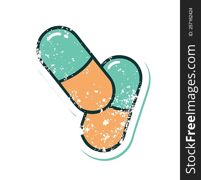 Distressed Sticker Tattoo Style Icon Of A Pills