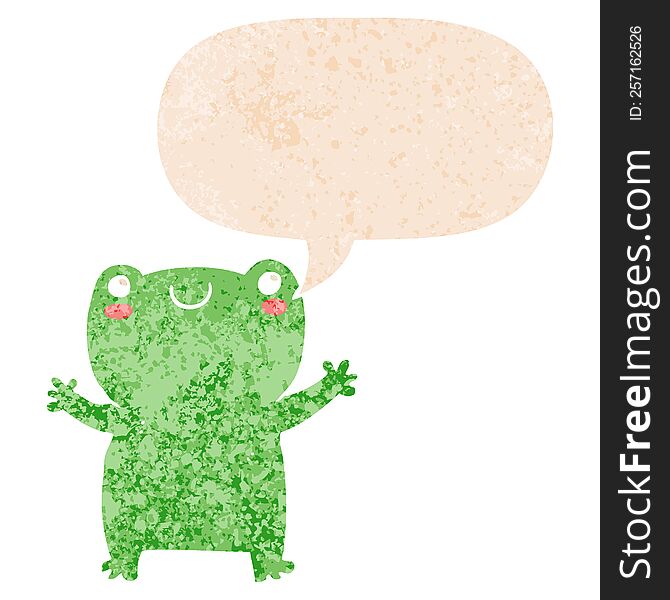 Cute Cartoon Frog And Speech Bubble In Retro Textured Style