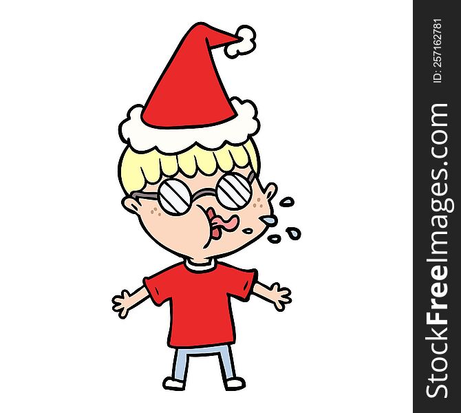 Line Drawing Of A Boy Wearing Spectacles Wearing Santa Hat