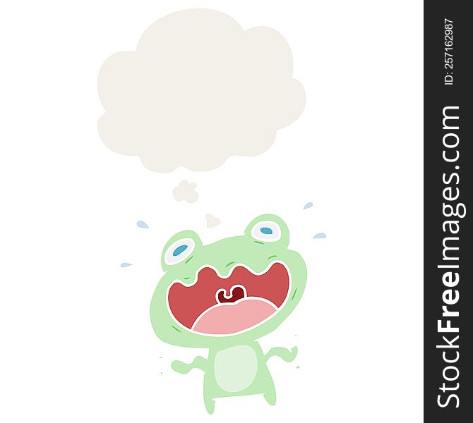cartoon frog frightened with thought bubble in retro style